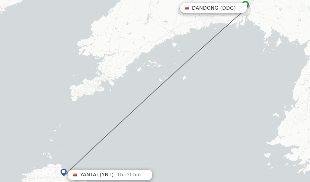 Flights from Dandong to Yantai route map