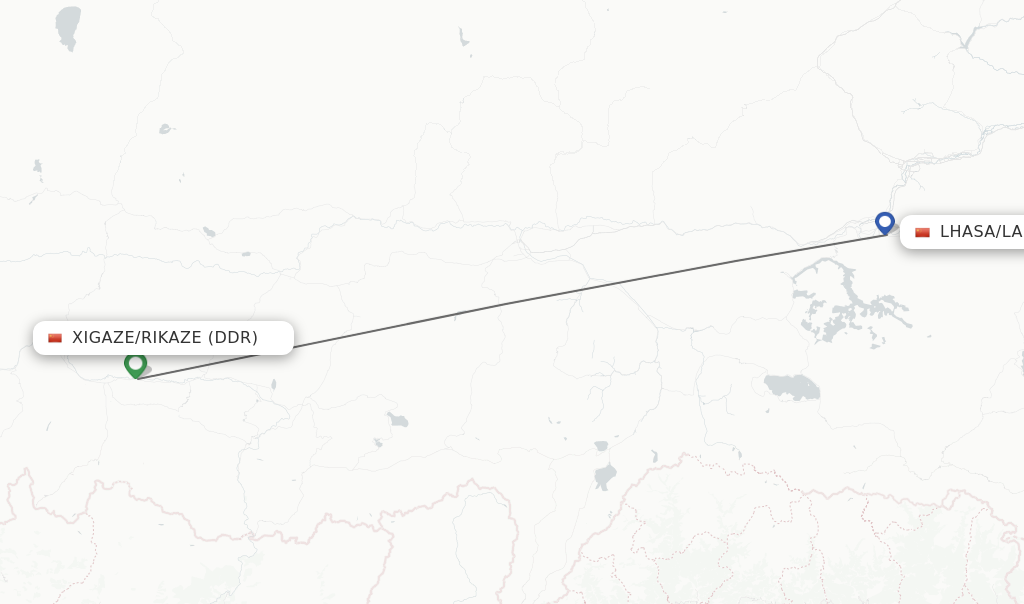 Flights from Xigaze/Rikaze to Lhasa/Lasa route map