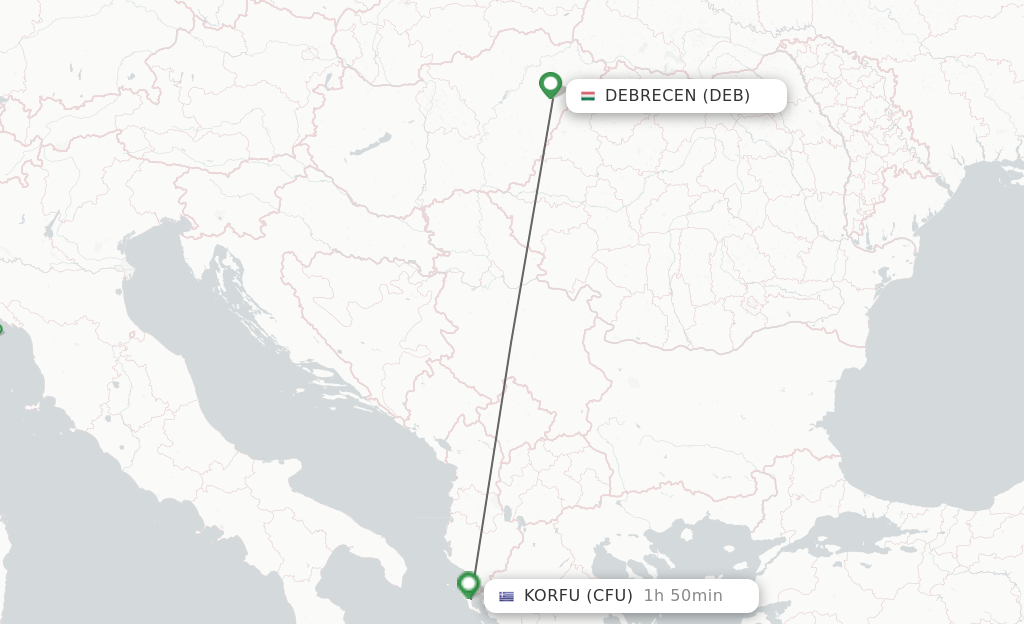 Flights from Debrecen to Kerkyra route map