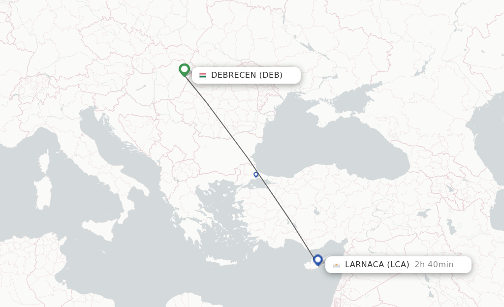 Flights from Debrecen to Larnaca route map