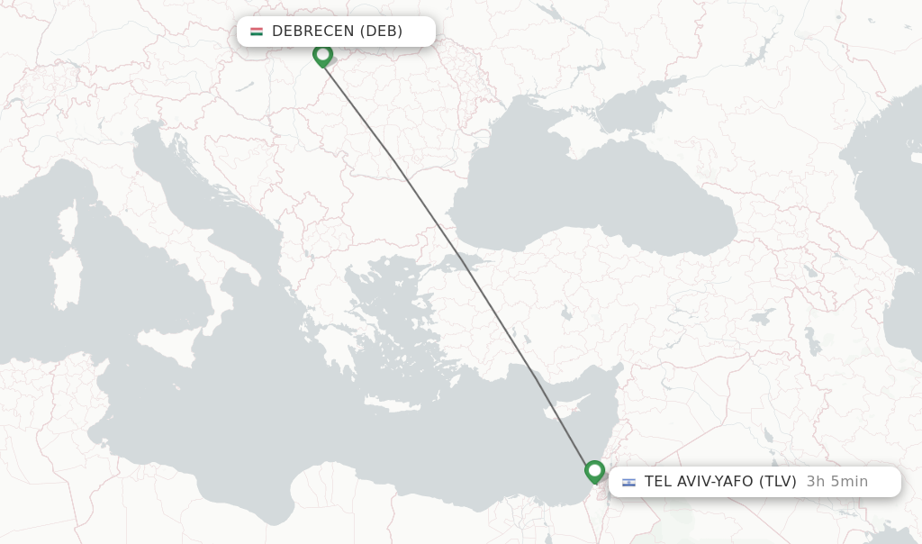 Flights from Debrecen to Tel Aviv-Yafo route map