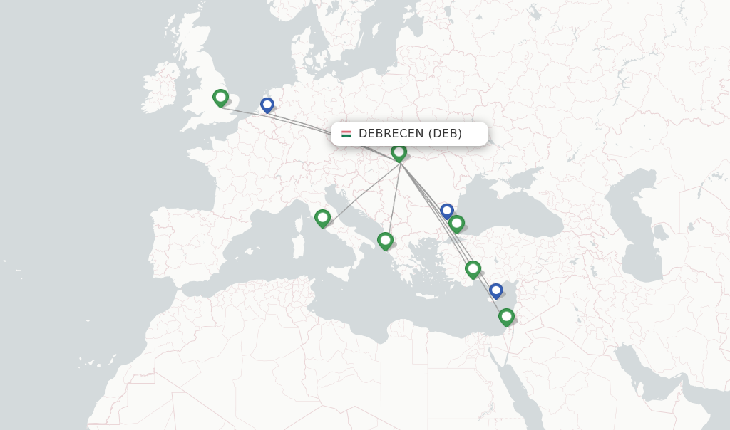 Route map with flights from Debrecen with Wizz Air