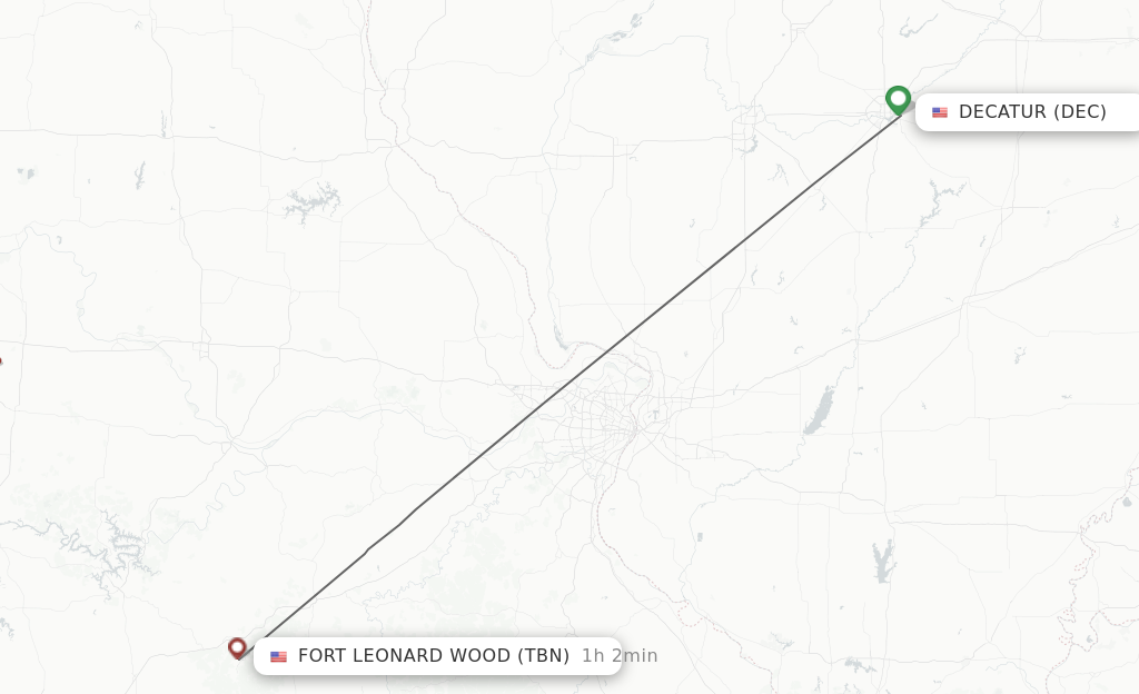 Flights from Decatur to Fort Leonard Wood route map