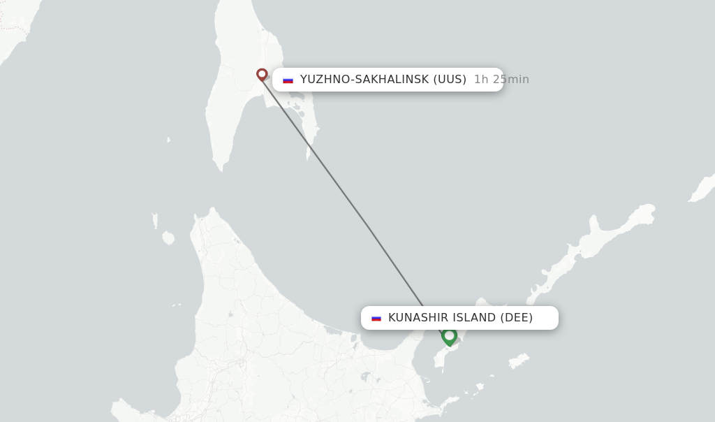 Flights from Kunashir Island to Yuzhno-Sakhalinsk route map