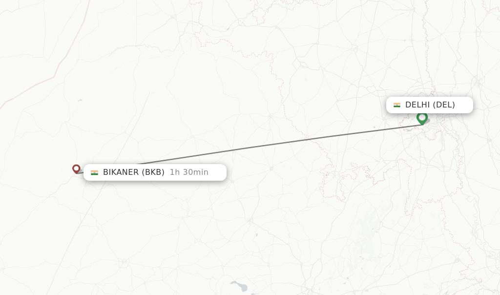 Flights from Delhi to Bikaner route map