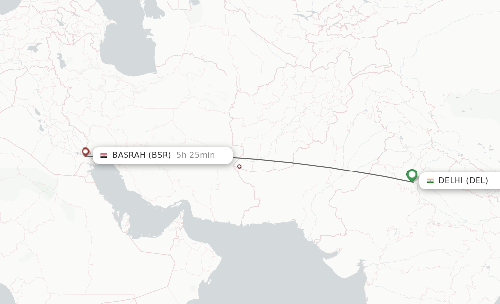 Flights from Delhi to Basrah route map