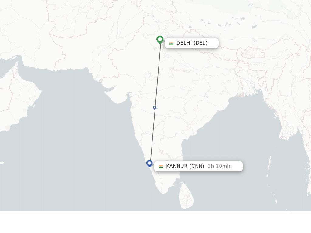 Flights from Delhi to Kannur route map