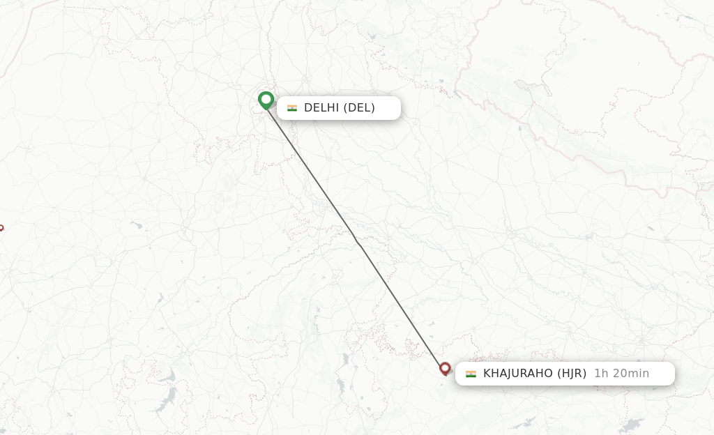 Flights from Delhi to Khajuraho route map