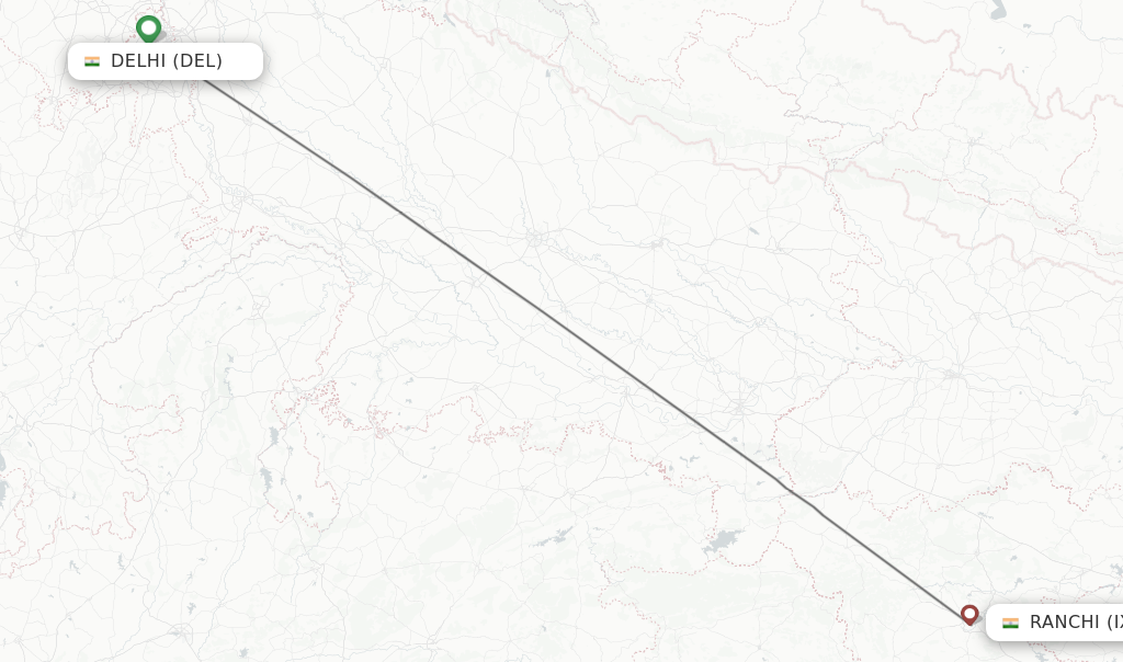 Flights from Delhi to Ranchi route map