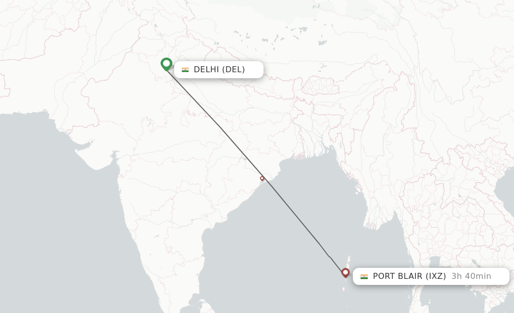 Flights from Delhi to Port Blair route map