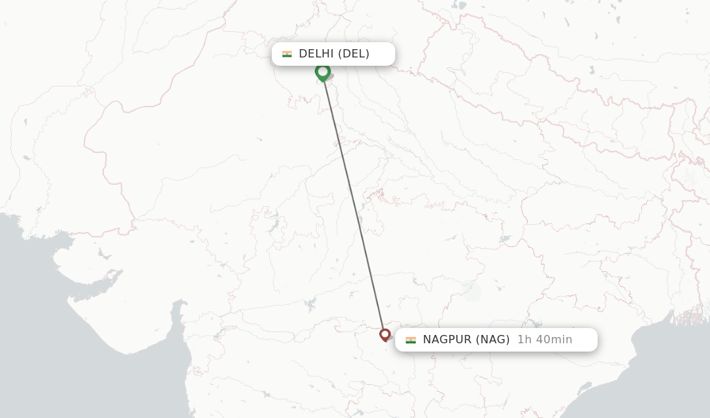 Flights from Delhi to Nagpur route map