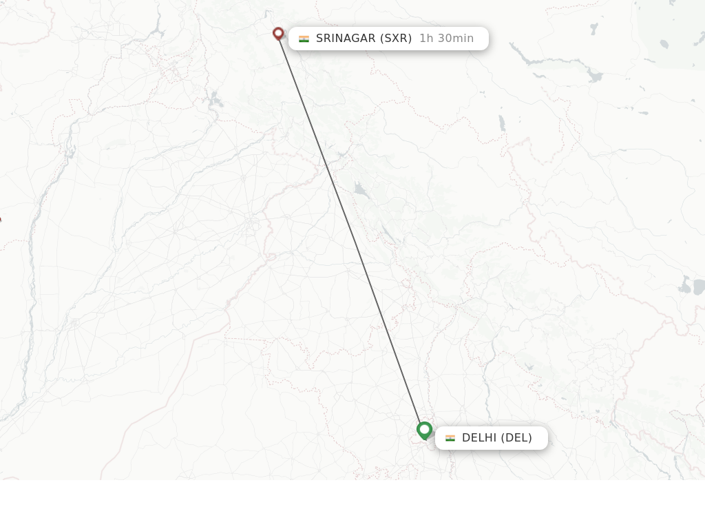 Flights from Delhi to Srinagar route map