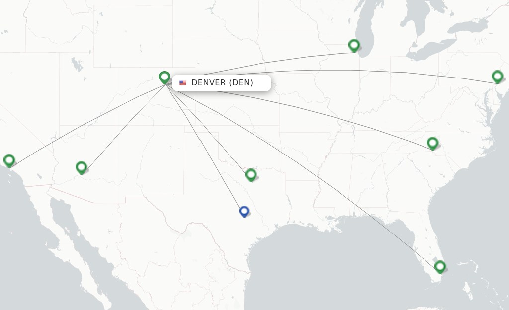 Route map with flights from Denver with American Airlines
