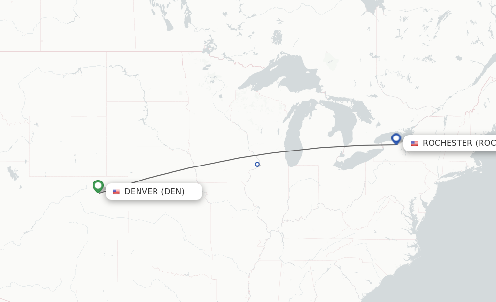 Flights from Denver to Rochester route map