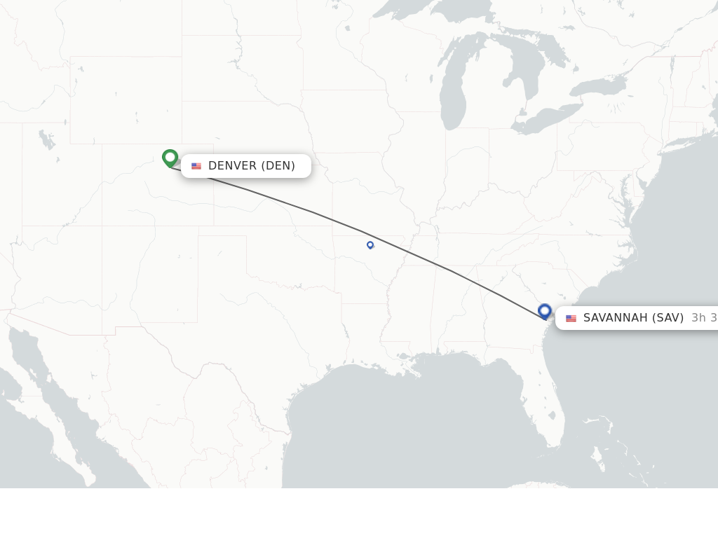 Flights from Denver to Savannah route map