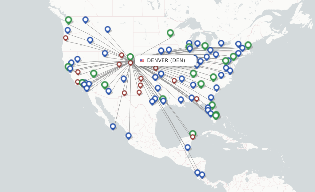 Route map with flights from Denver with Southwest