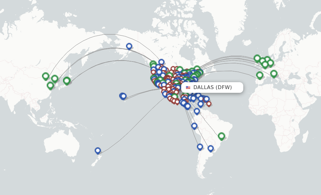 Route map with flights from Dallas with American Airlines