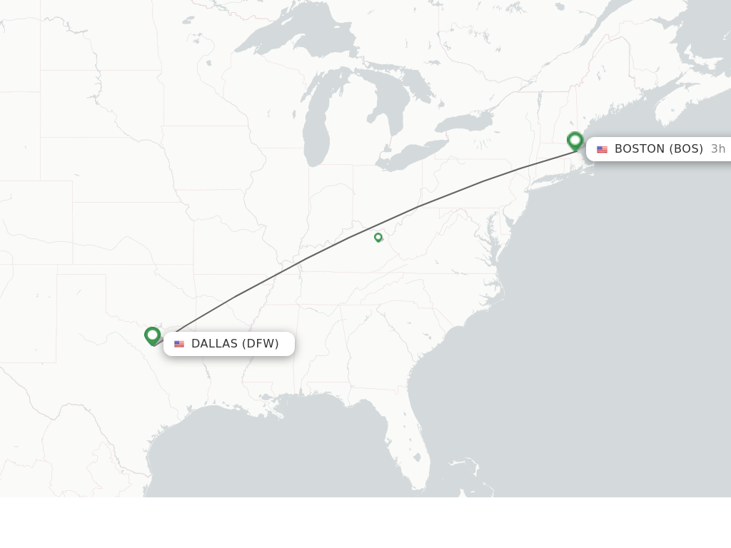 Flights from Dallas to Boston route map