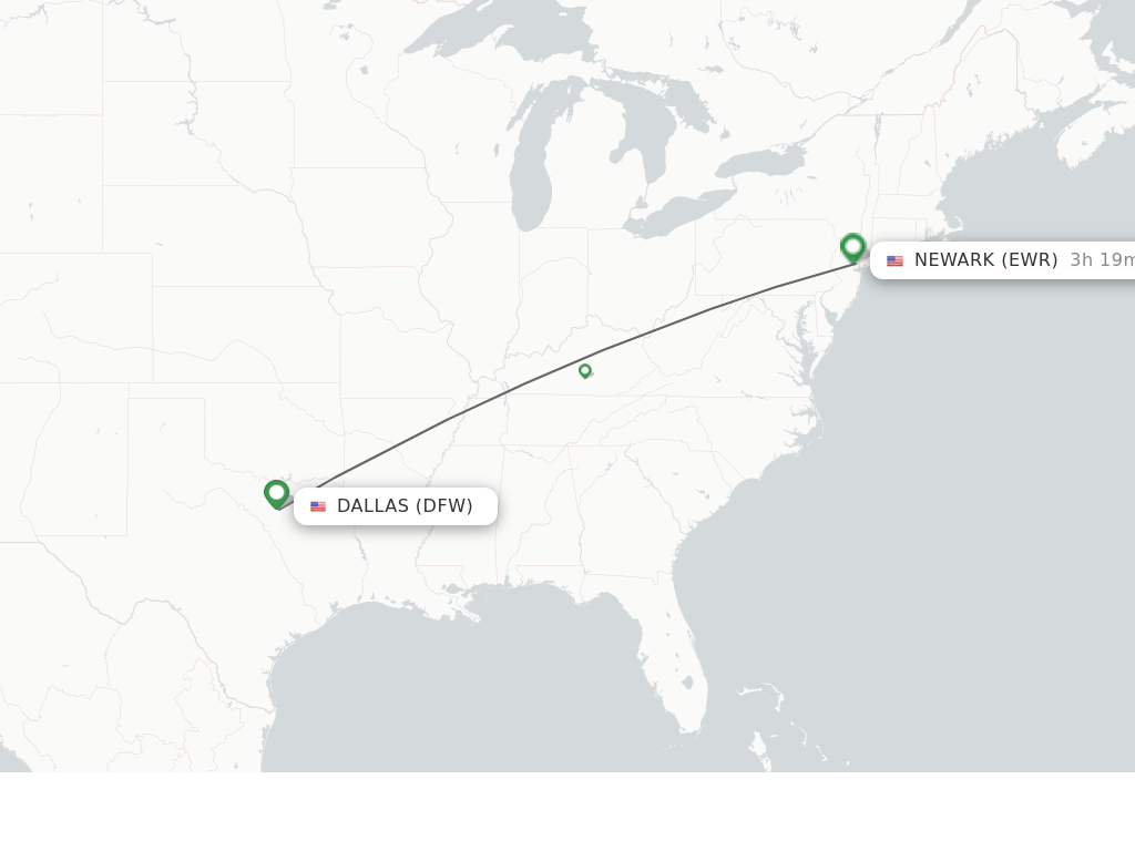 Flights from Dallas to Newark route map