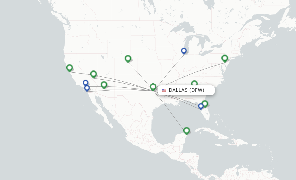 Route map with flights from Dallas with Frontier Airlines