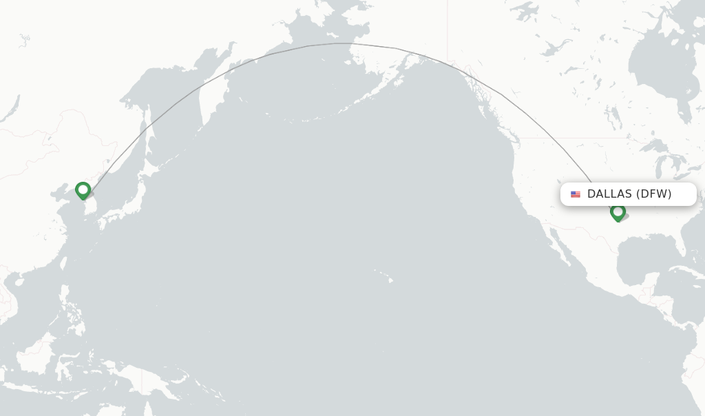Route map with flights from Dallas with Korean Air