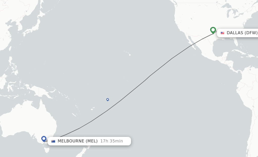 Flights from Dallas to Melbourne route map