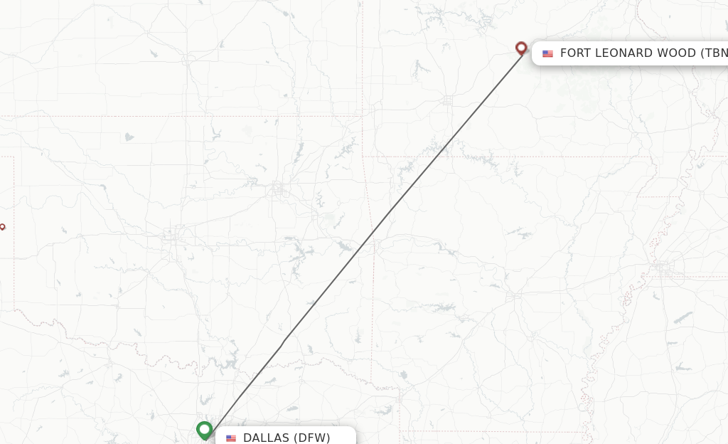 Flights from Dallas to Fort Leonard Wood route map