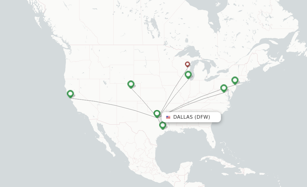Route map with flights from Dallas with United Airlines