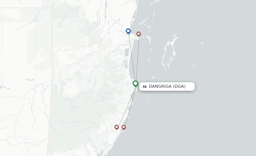 Route map with flights from Dangriga with Maya Island Air