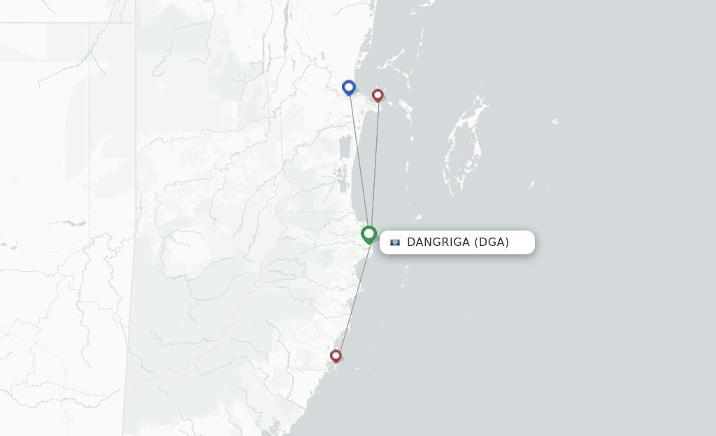 Route map with flights from Dangriga with Tropic Air