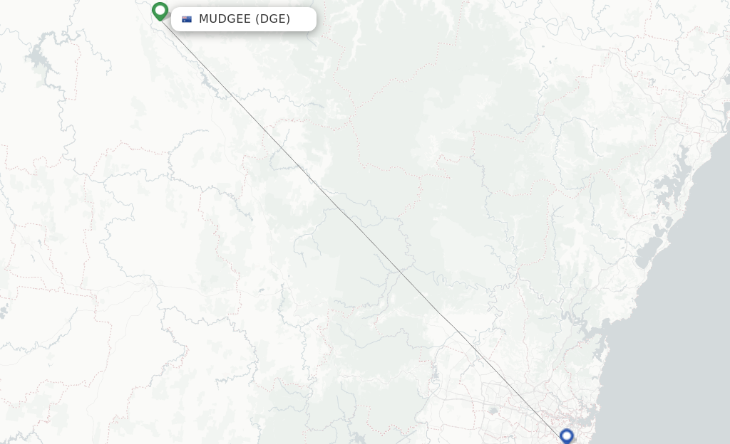 Route map with flights from Mudgee with FlyPelican