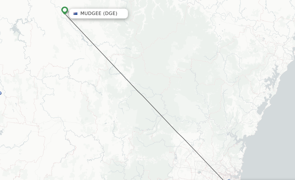 Flights from Mudgee to Sydney route map