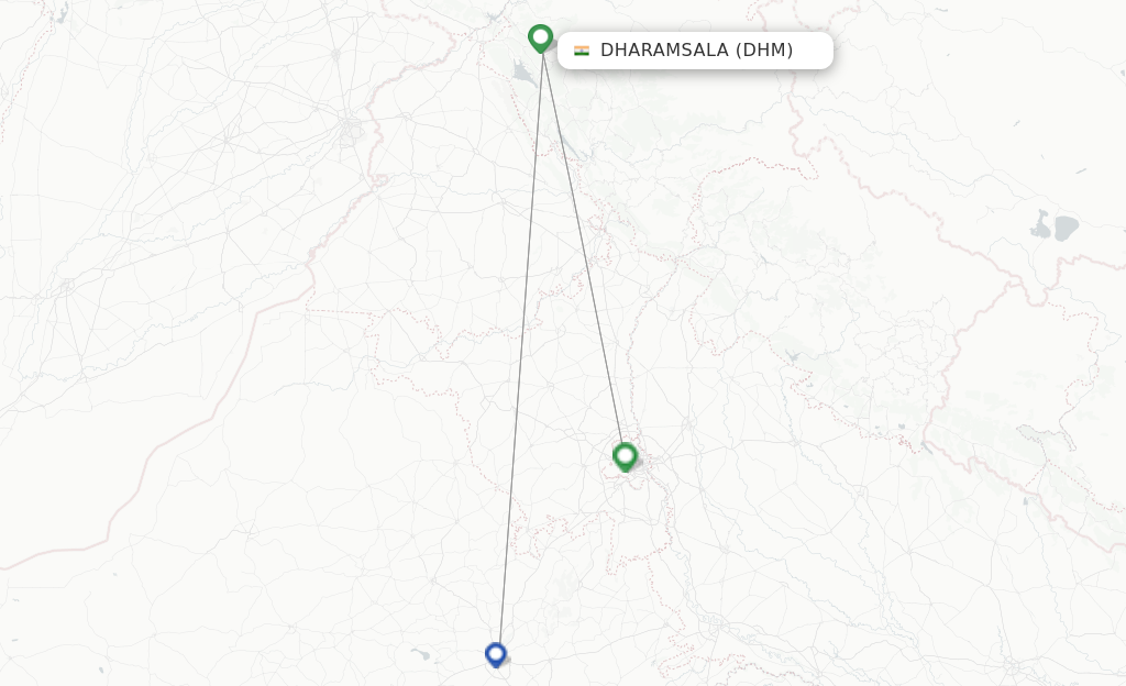 Route map with flights from Dharamsala with SpiceJet