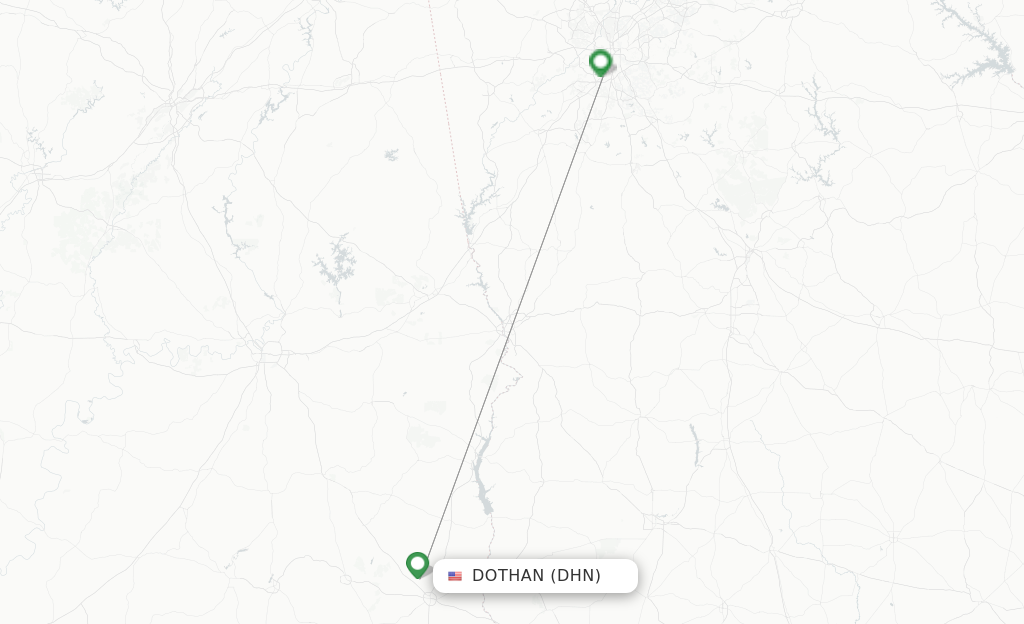 Route map with flights from Dothan with Delta Air Lines