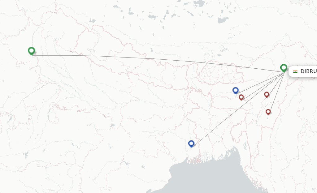 Route map with flights from Dibrugarh with IndiGo