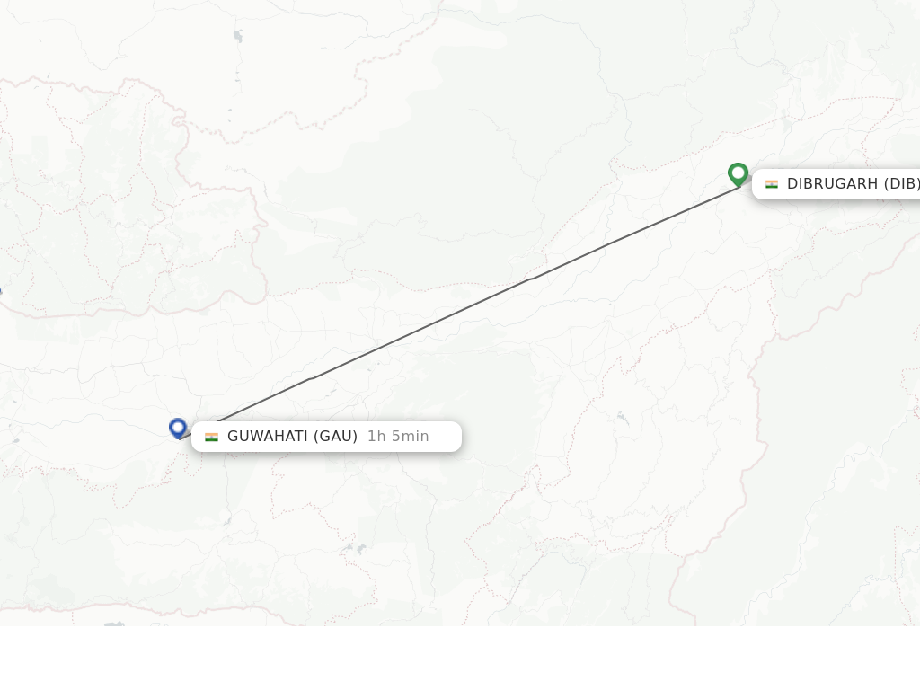 Flights from Dibrugarh to Guwahati route map