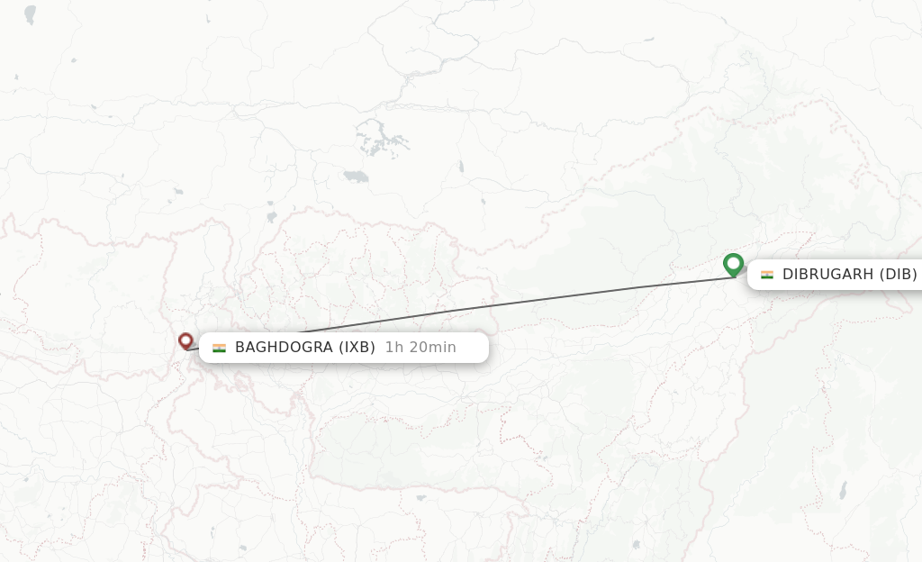 Flights from Dibrugarh to Baghdogra route map