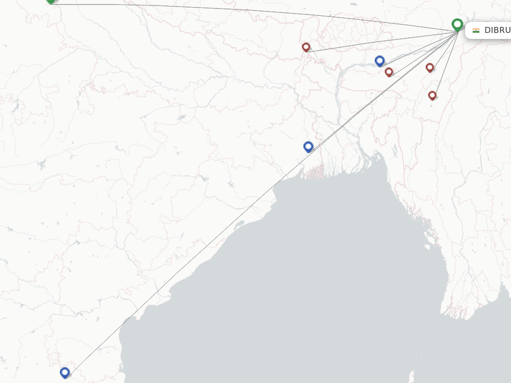 Flights from Dibrugarh to Bangalore route map