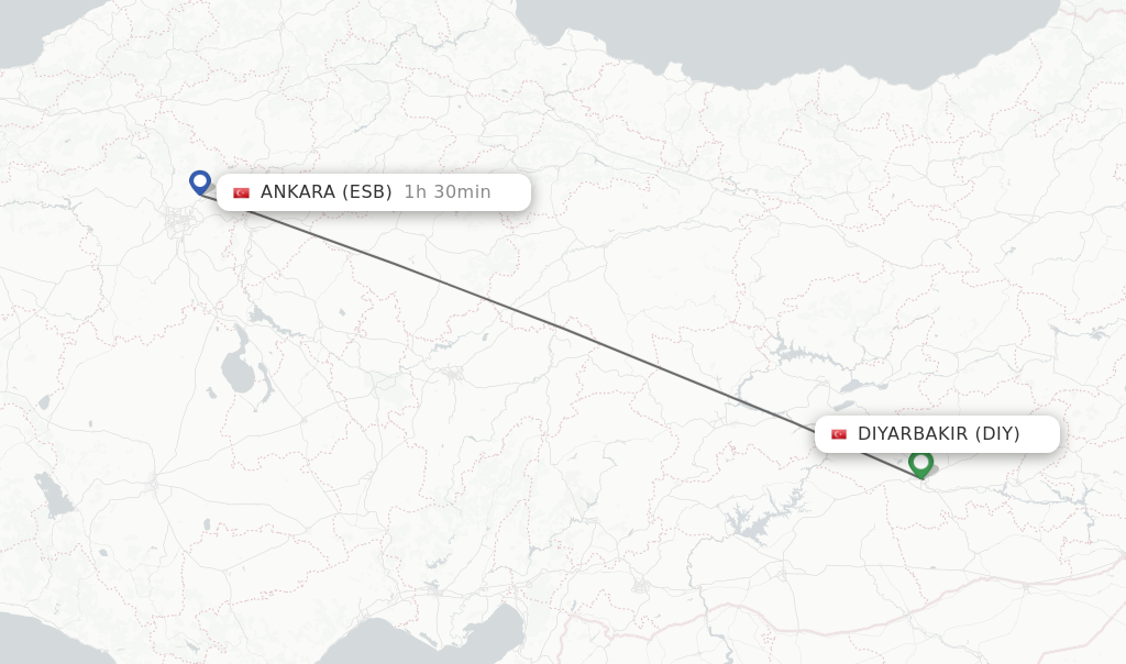 Flights from Diyarbakir to Ankara route map