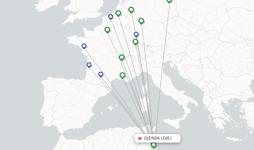 Route map with flights from Djerba with Nouvelair