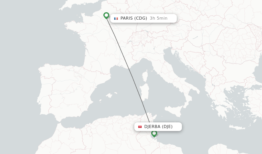 Flights from Djerba to Paris route map