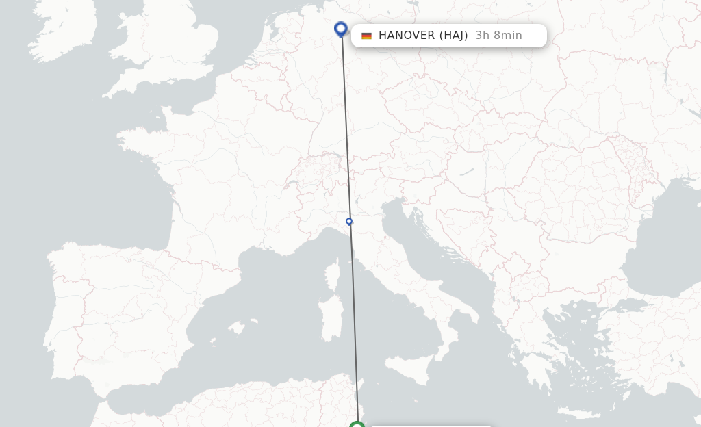 Flights from Djerba to Hanover route map