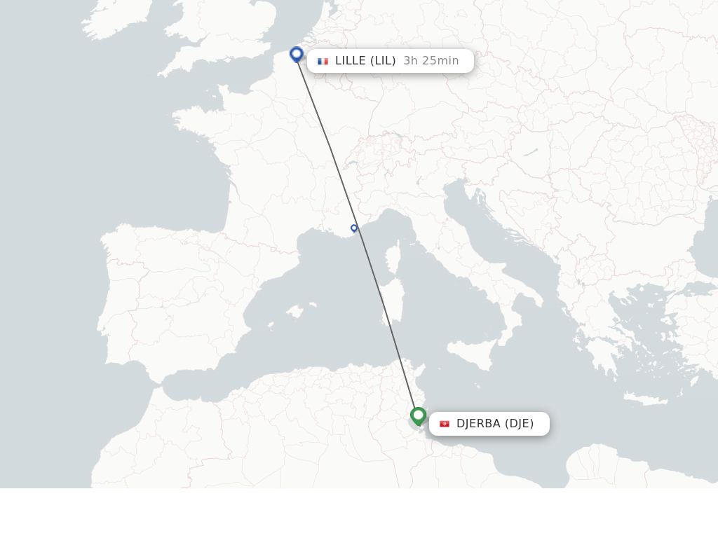 Flights from Djerba to Lille route map