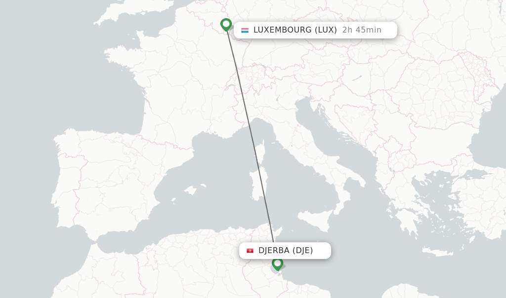 Flights from Djerba to Luxembourg route map