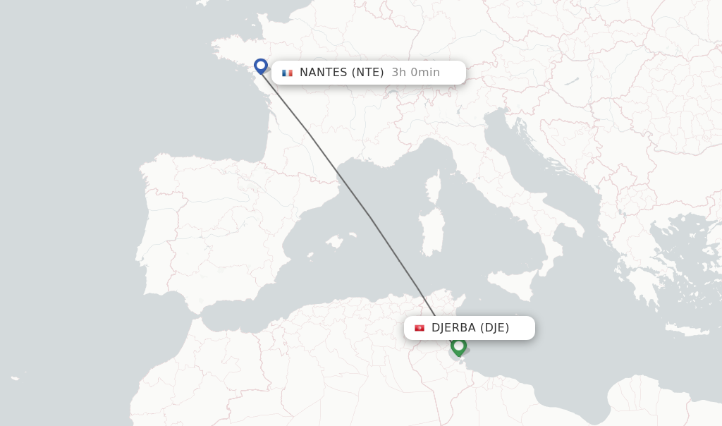 Flights from Djerba to Nantes route map
