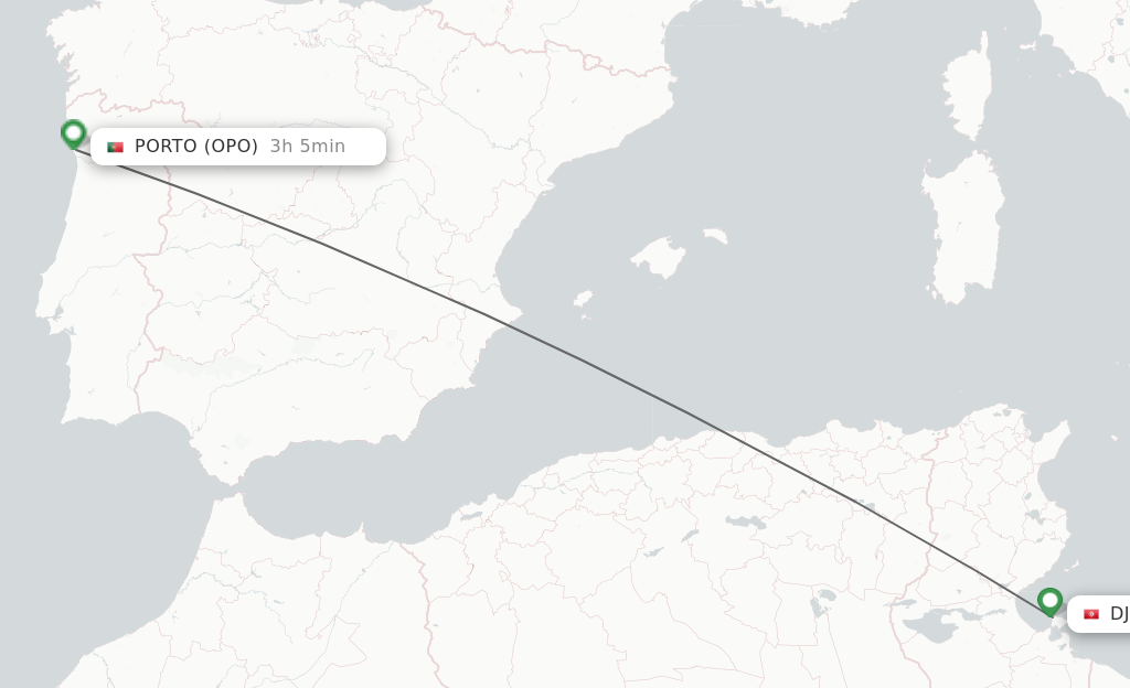 Flights from Djerba to Porto route map