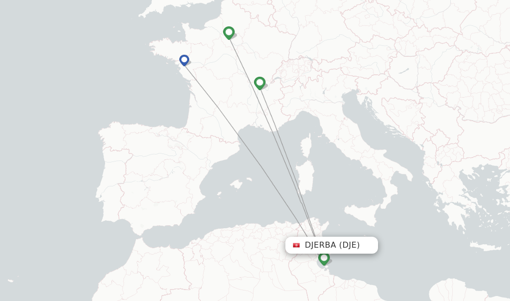 Route map with flights from Djerba with Transavia France