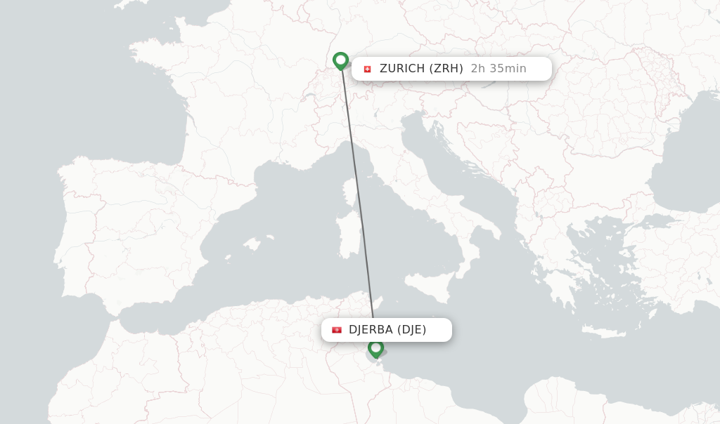 Flights from Djerba to Zurich route map