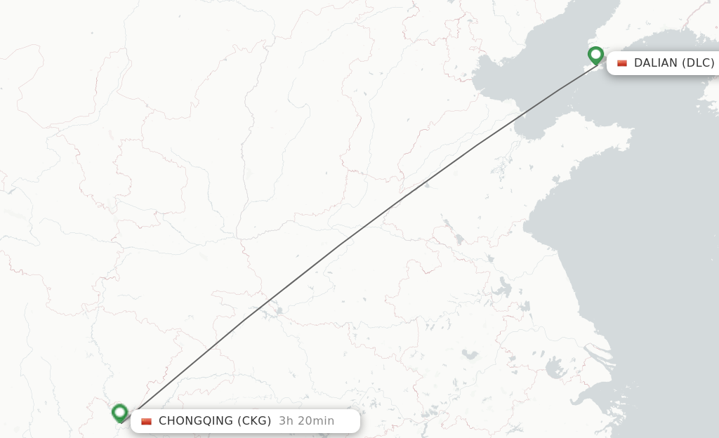 Flights from Dalian to Chongqing route map