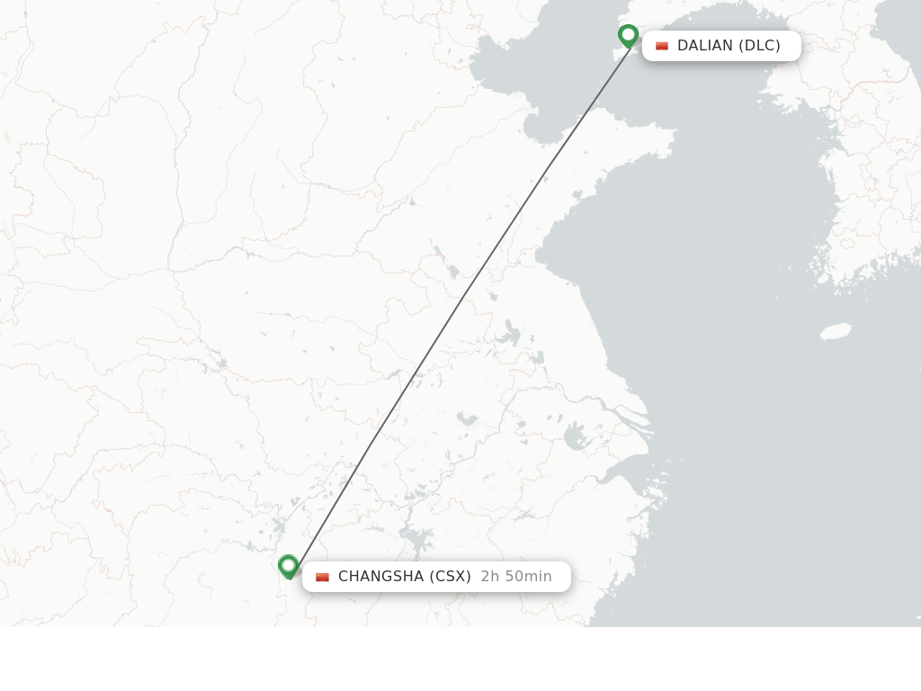Flights from Dalian to Changsha route map